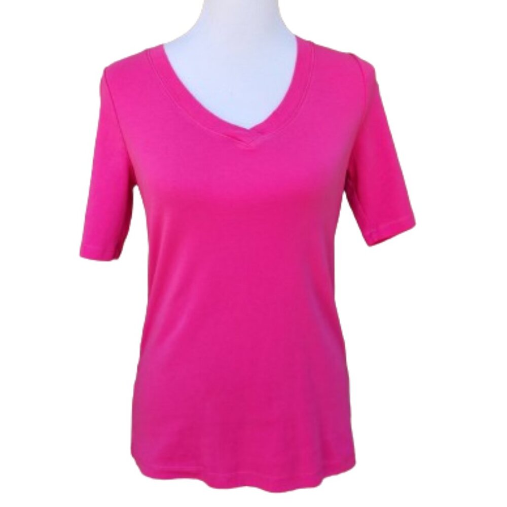 Preswick & Moore Pink Knit Blouse V-Neck Elbow Sleeves Cotton Casual Solid Top